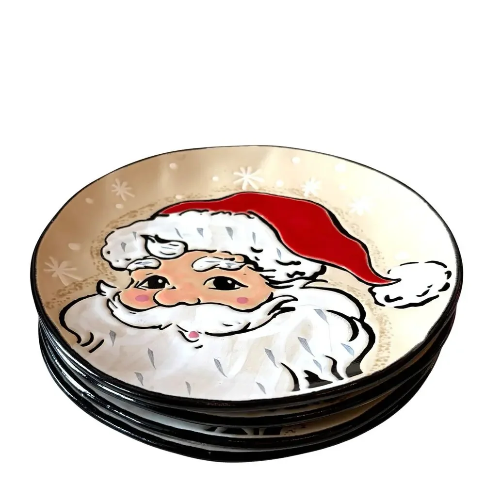 Eli + Ana Sammy Vintage Santa Salad Plates 4pc 8in Ceramic Christmas Holiday NEW